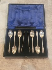 1800S ENGLISH STERLING SILVER WILLIAMS GIBSON CASED TEASPOONS & SUGAR TONGS 7PCS