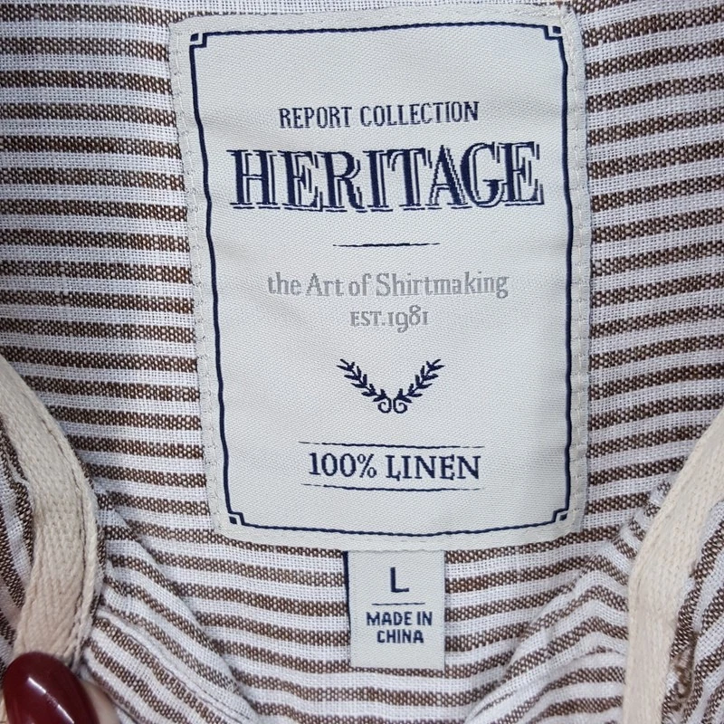 HERITAGE Shirt Mens Large Tan Brown Stripe Button Up Short Sleeve 100% Linen - Image 2 of 4