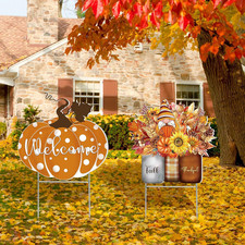 2 Set 16" Fall Yard Sign Decor Pumpkin Outdoor Metal Garden Stakes