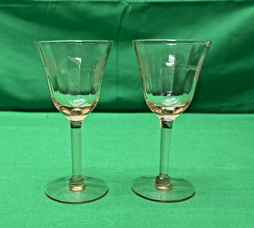Lot of 2 Tiffin Pink Glass Floral Wine Stem 4-5/8"