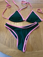 NEW Dark Green & Pink Contrast Trim Cheeky Triangle Bikini Set Size Small