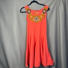 Vintage 1970s Dress Women's S Handmade Embroidered Sundress Coral Floral Boho