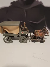 Rare Vintage Hausser Elastolin 1930 Tinplate WWI German Red Cross Wagon Complete