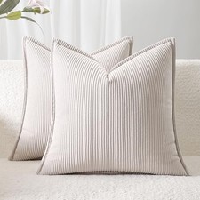 Corduroy Throw Pillow Covers 18x18 Set of 2   Boho 18" x 18" Pack of 2 Beige