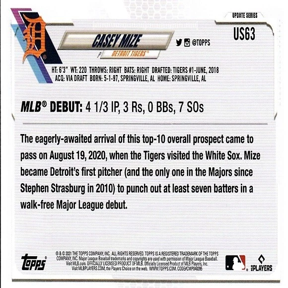 Casey Mize (Detroit Tigers) 2021 Topps Update Series Rookie Card - Number US63 - Image 2 of 2
