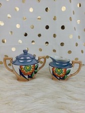 Japan Blue/Peach Luster Ware Handpainted Creamer And Sugar