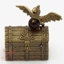 Russian Solid Brass Amber Figurine Treasure Island Chest Pirates Parrot IronWork