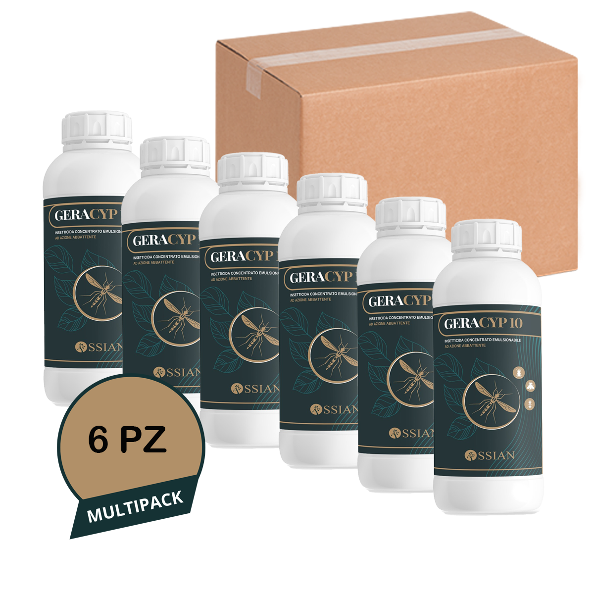 6 X Ossian GERACYP 10 Insetticida Cipermetrina 10% Geraniolo mosche zanzare 1 LT