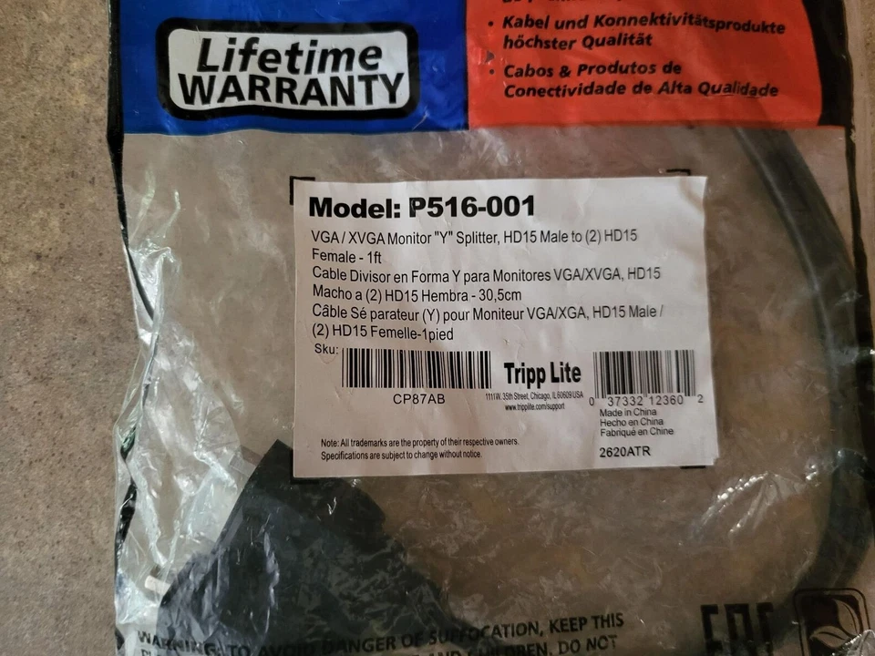 Tripp Lite P516-001-HR Monitor Y-Splitter Cable1600x1200 Res. Monitors-1ft B2-6 - Image 2 of 4