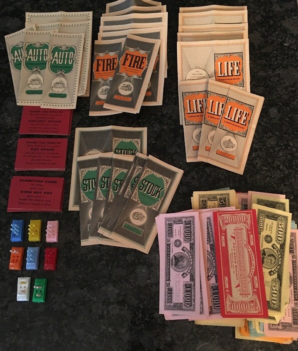 Vintage Game of Life Pieces Money Cars Pegs Cards Insurance Fire Stock Auto