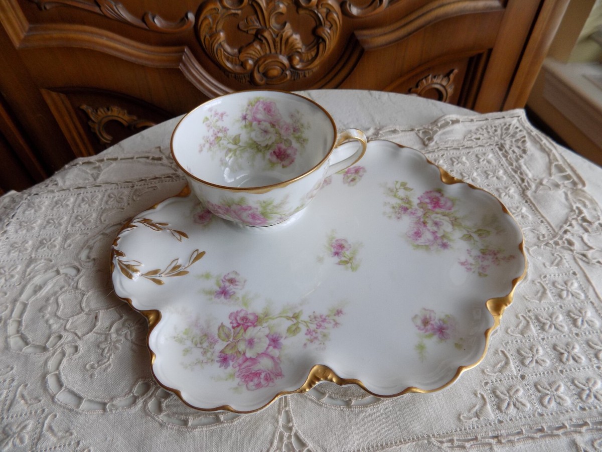 Antique Limoges Theodore Haviland Tea Cup Biscuit Tray with pink roses
