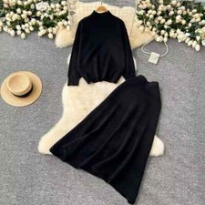 Kostüm Komplett Damen Set Tailleur Top Pullover Rock Schwarz Strick 23342