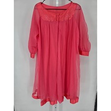 Vintage 1970s Womens Sz M Nylon 3/4 Sleeve Sheer Nightgown Chiffon Coral Pink