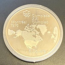 Canada Montreal Olympics 1976 Silver Proof Coin Map Motif $5 VGC Elizabeth II