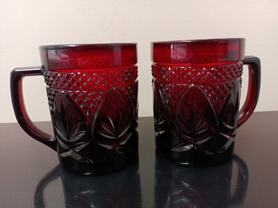 2 Vintage France Red Ruby Glass Cut Design Coffee Cups