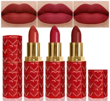 Ruby Red Matte Lipstick Long Lasting Waterproof Velvet Smudge Proof Makeup 3 Pcs