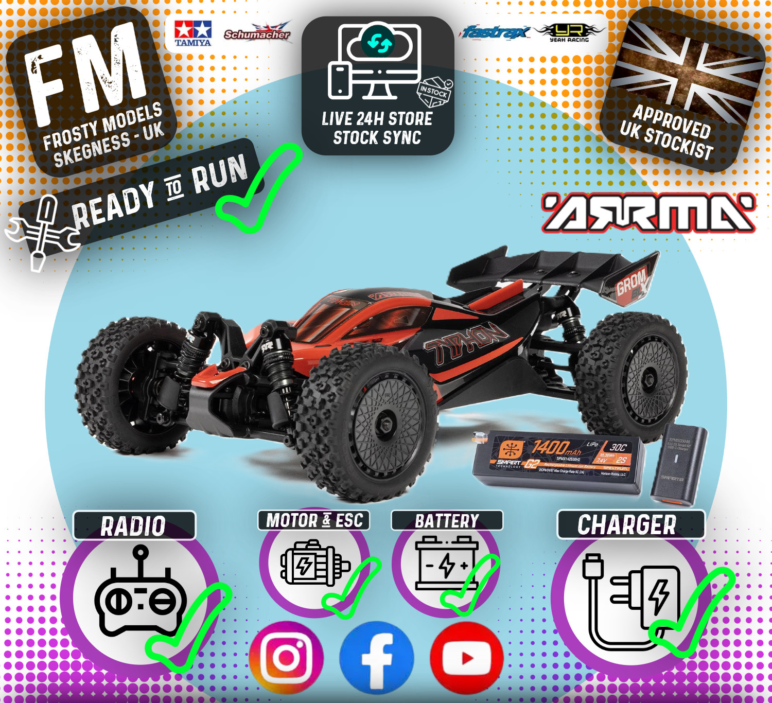 ARRMA - 1/14 TYPHON GROM 2S to 3S BUGGY BRUSHLESS BLX 4X4 RC RTR w/ Battery & Ch