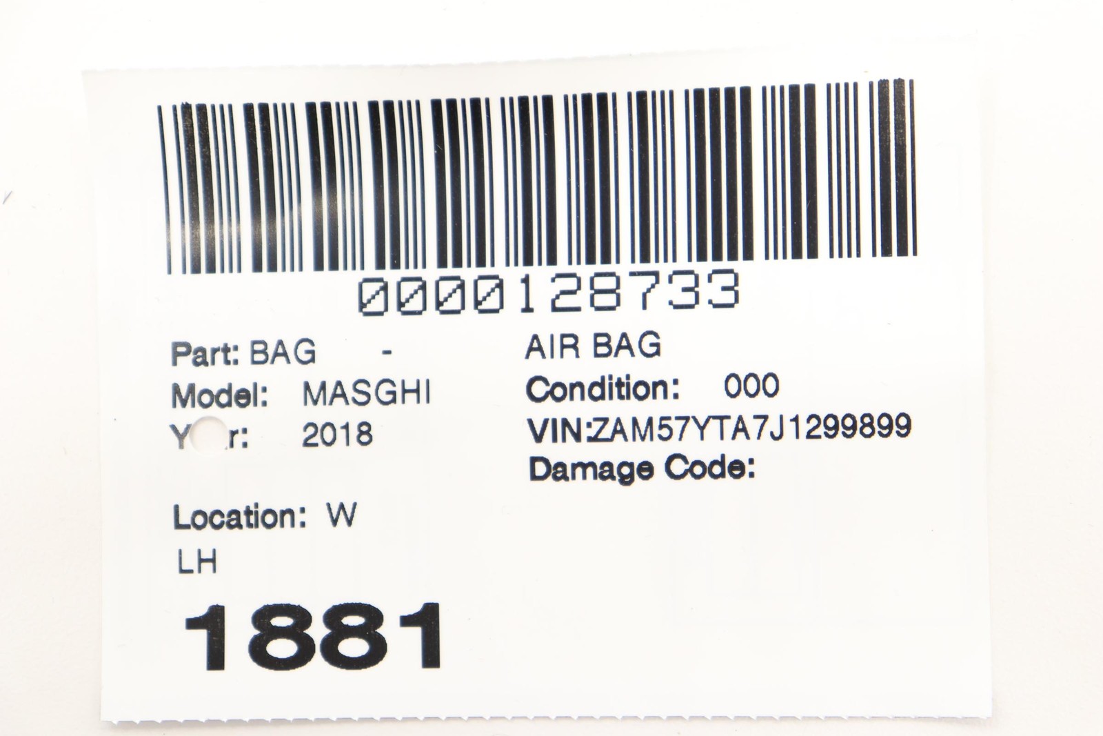 2014 - 2024 MASERATI GHIBLI LEFT ROOF CURTAIN AIRBAG AIR BAG OEM 06700092210