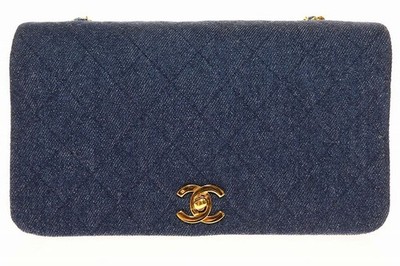 CHANEL Denim Mini Chain Shoulder Bag Vintage Full Flap Coco Mark Logo Gold Blue