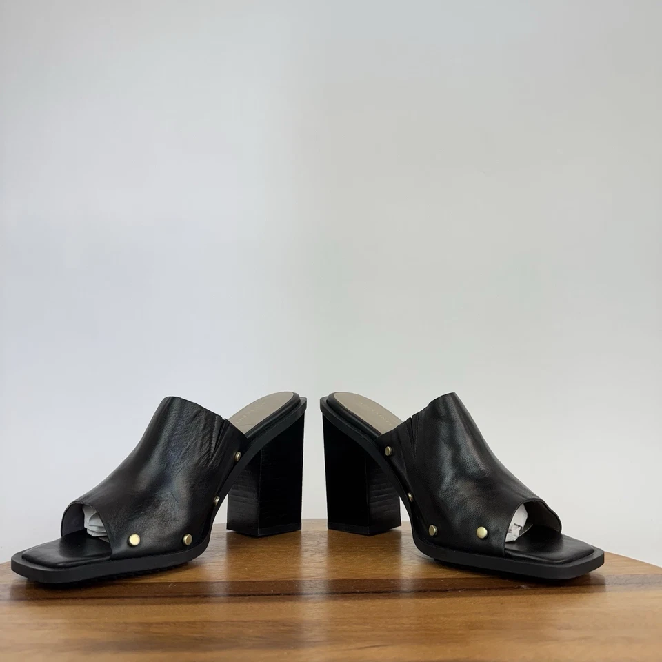 con defectos Nuevo sin caja Para Mujer Allsaints Kelly Cuero Negro Sin cordones Mules Tacón Bloque Foto 4 de 4