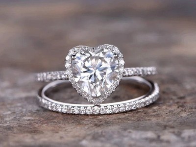 Moissanite 2.10 Ct Heart Cut Bridal Engagement Ring Set 14k White Gold Plated