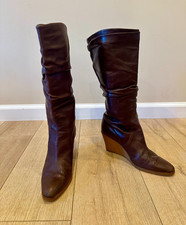 Vintage Salvatore Ferragamo Tall Brown Leather Slouchy Wedge Boots Size 9B Italy
