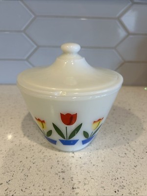 Vintage 1950's Fire King Tulip Grease Bowl Drip Jar Splatter Proof Lid (chipped)