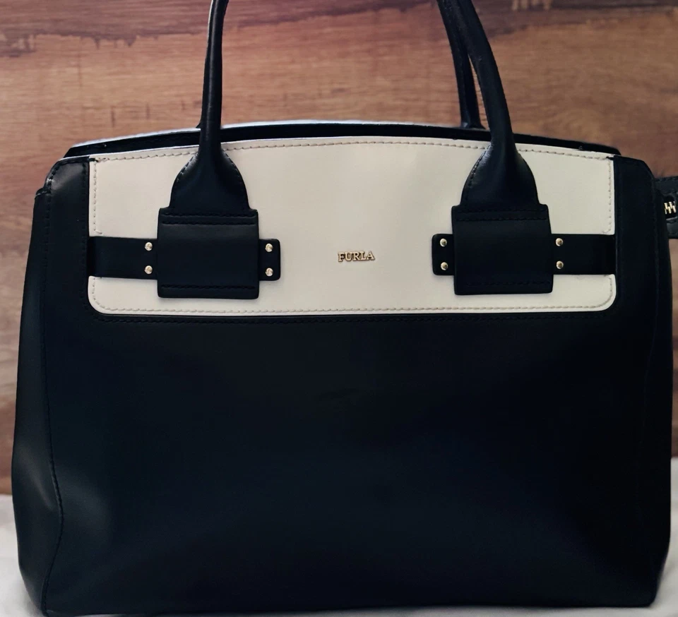 Furla Lucky Tote Black/White Color Block Leather Shoulder Bag Women's - Image 2 of 4