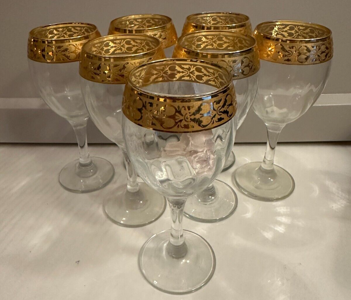 7 Italian Fratelli Fumo Crystal Wine Glasses Goblets 24 KT Rims 6 5/8 