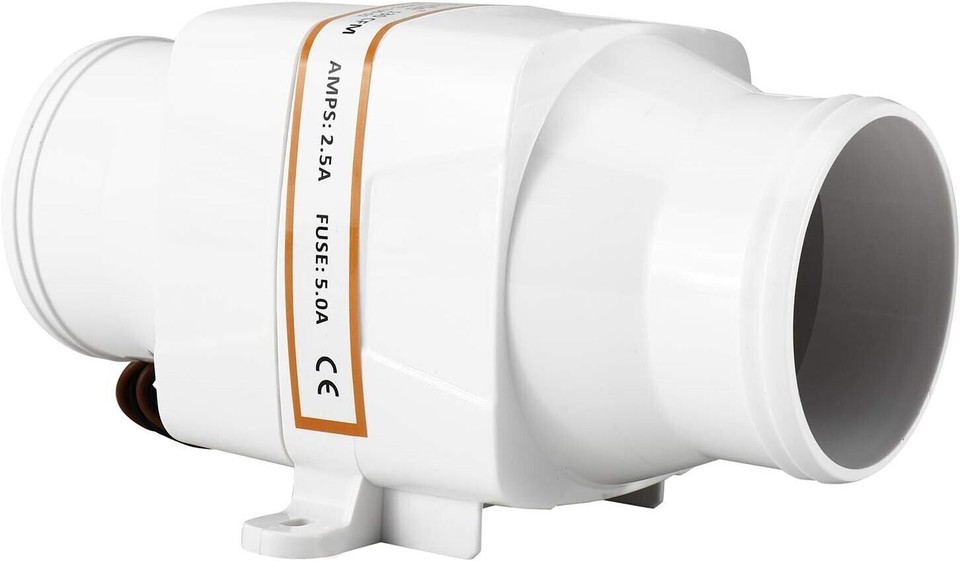 130 CFM 12V Plastic In-Line Blower Fan For Marine Boat Bilge Ventilation - 3" Diameter
