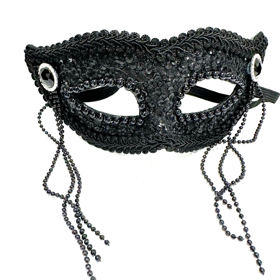 Ladies Masquerade Black Eyemask With Tassles Fancy Dress Sequins 20s Halloween - Image 3 of 4
