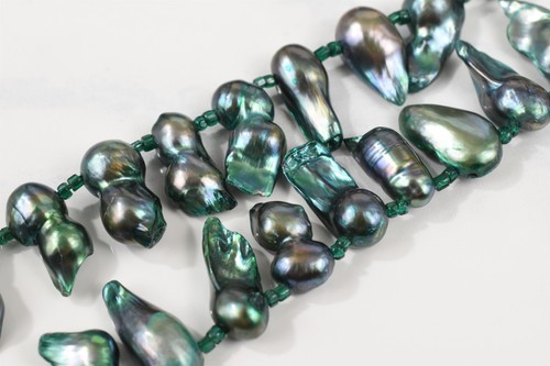 Sterling Silver Dark Teal Baroque Pearl / Pearl Fragment Necklace, 24" Unique! - Picture 3 of 11