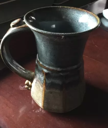 Vintage Hand Thrown Studio Art Pottery Mug Blue Drip Glaze Signed