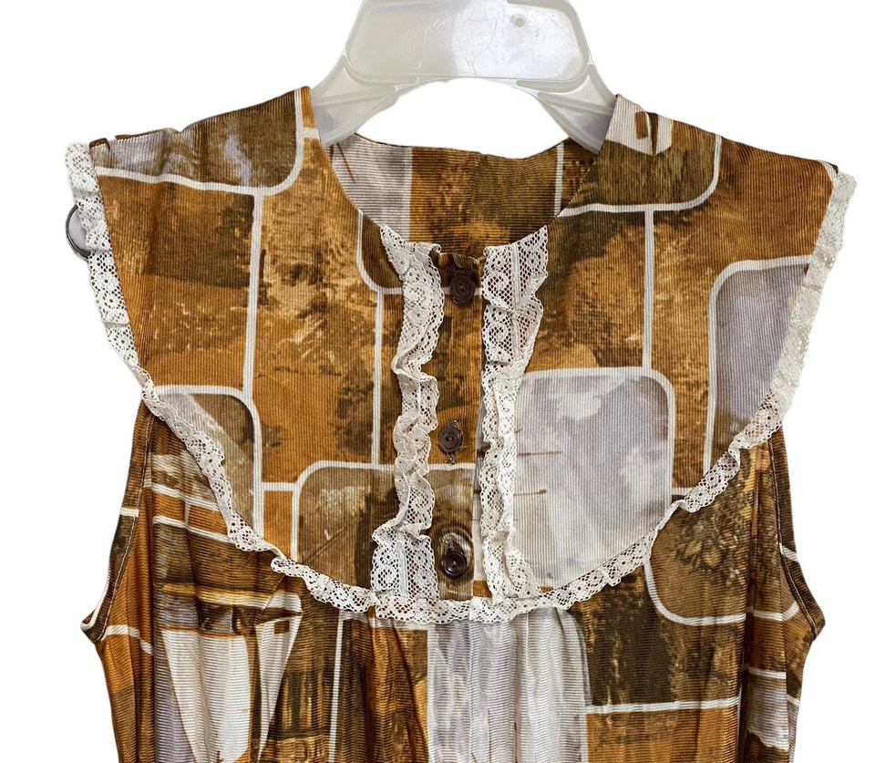 Vintage 70’s Nightgown Size Small MCM Brown Print The Brady Bunch Hippie - Image 2 of 4