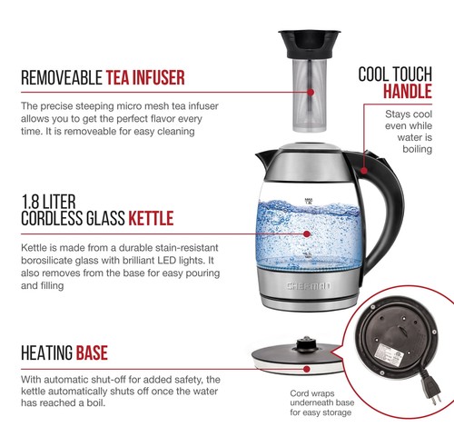 Chefman Fast Boiling 1.8L Electric Glass Kettle Removable Tea Infuser LED Lights - Picture 2 of 5