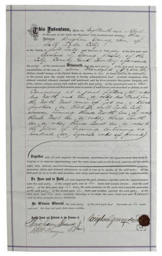 Document d'acte foncier authentique signé Brigham Young 7,5 x 14,5 1873 BAS #AB77797 - Photo 1/6