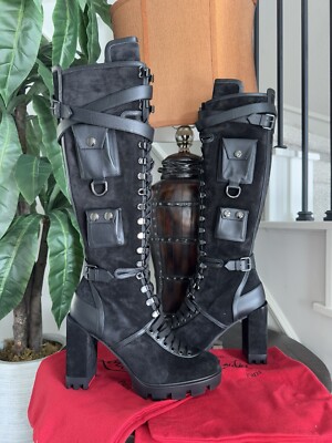 Christian Louboutin Black Leather Lace-Up Buckle Boot Christian Louboutin Black Leather Combat Boots Lace-Up with  main image 3