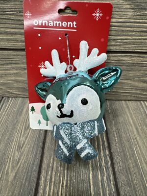 Happy Home By Rite Aid Christmas Ornament Shiny Blue Glitter Deer Face 