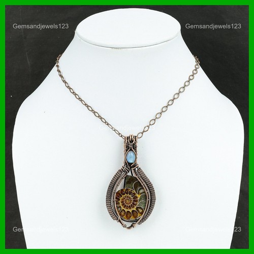 Ammonite Fossil Stone Rainbow Moonstone Copper Boho Wire Wrapped Pendant Jewelry - Picture 6 of 6
