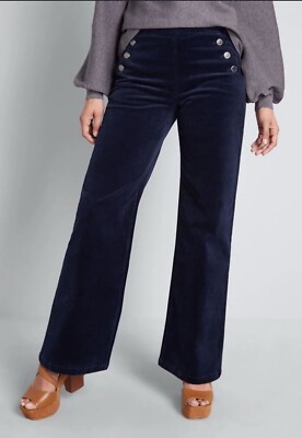 Modcloth The Madison Sailor Style Wide Leg Corduroy Front Button Navy Pants 2