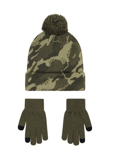 Nike Boys Pom Beanie Hat and Gloves 2 Piece Set - Medium Boys Olive Camo-NWT - Picture 3 of 3