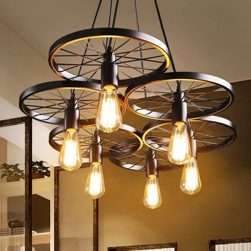 Lampadario a sospensione ruota plafoniera industriale vintage 3 vie lampada retrò - Foto 3 di 48