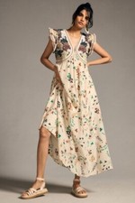 Anthropologie Printed V Neck Maxi Dress Floral Crochet Bodice Ivory