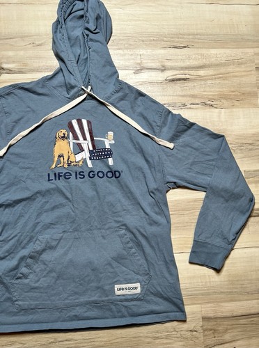 Life Is Good T-Shirt Size M Y2K Hoodie Golden Retriever Dog Patriotic Beer Blue - Picture 4 of 16