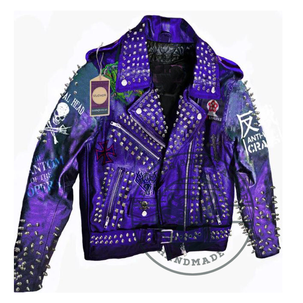 Men’s Handmade Purple Studded Brando-Style Leather Jacket with Printed Patches