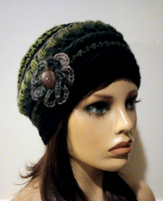 crochet womans handmade flower hat beanie green brown tones puffs USA new