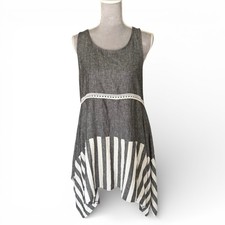 Italian Linen Tunic Top Womens One Size Sleeveless Gray Striped Artsy