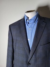 46R Tailored Jos A Bank Glen Check Blue On Black Gray Wool Tweed Blazer Jacket