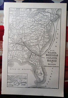 1910 Train Route Map ATLANTA BIRMINGHAM & ATLANTIC RAILROAD Brunswick Steamship 