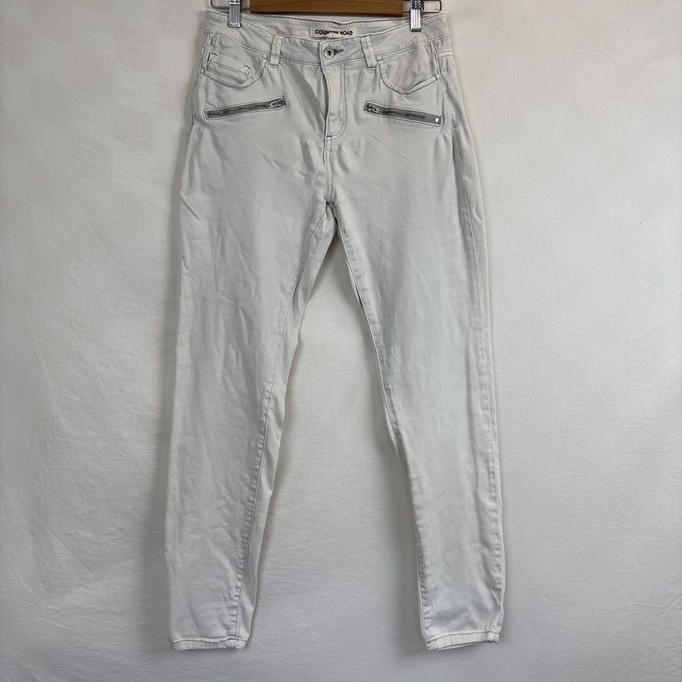 Country Road Zip Pants FIts Women's Sz 10 Cream Cotton Chino Tapered Stretch